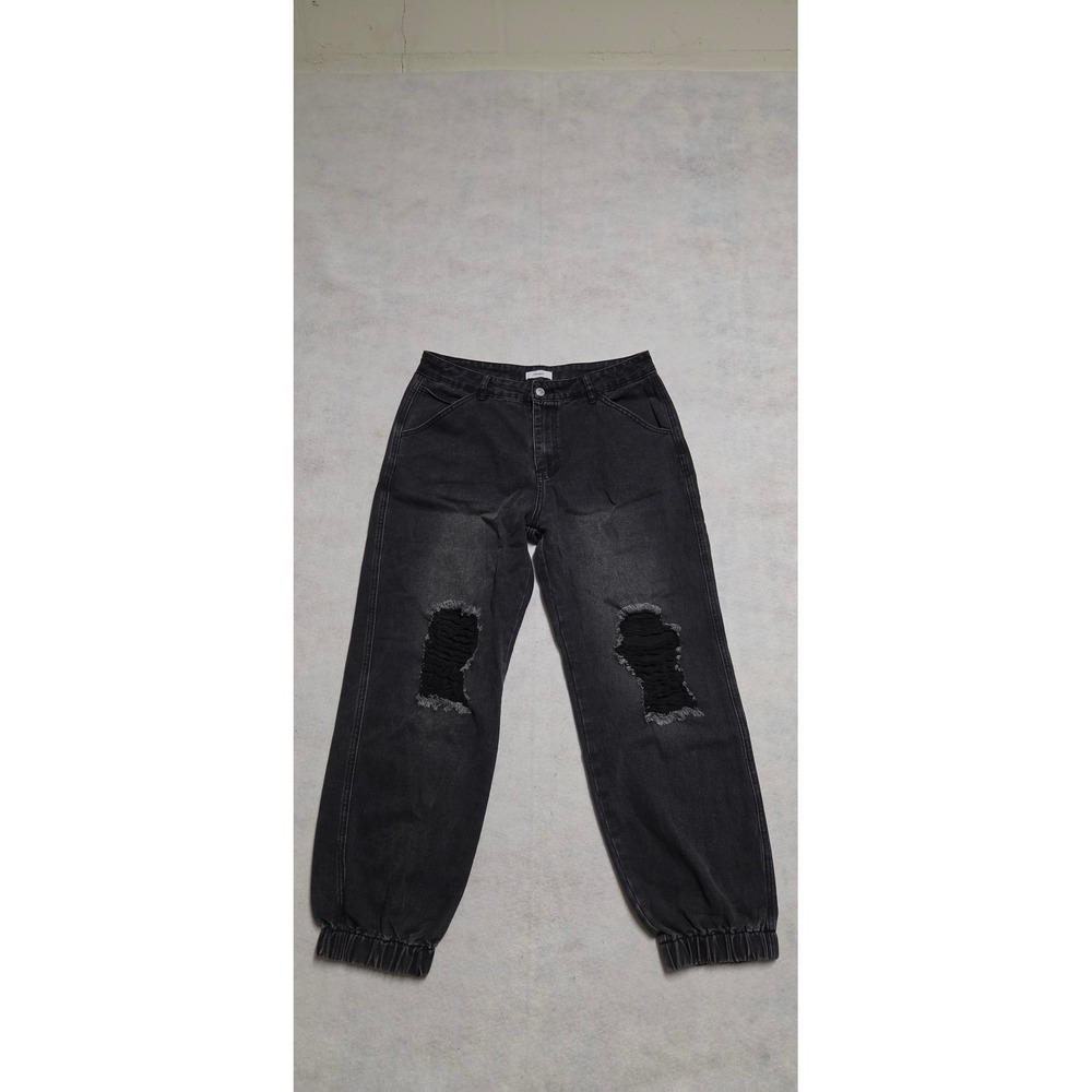 Forever 21 Distressed Denim Joggers Size 29 Black Ripped Knee Jeans